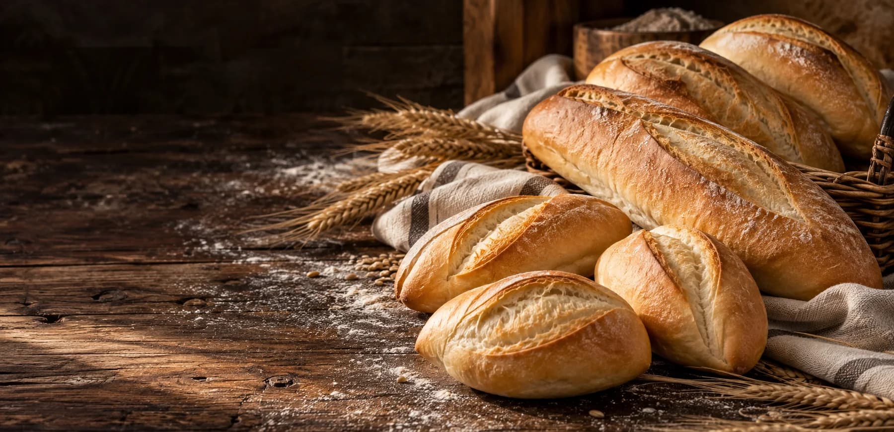 Panes franceses recién horneados sobre una mesa de panadería