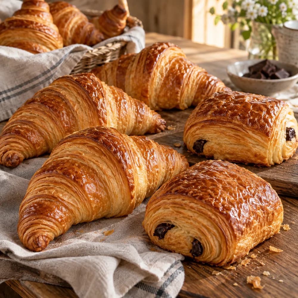 Croissants y bollería recién horneada